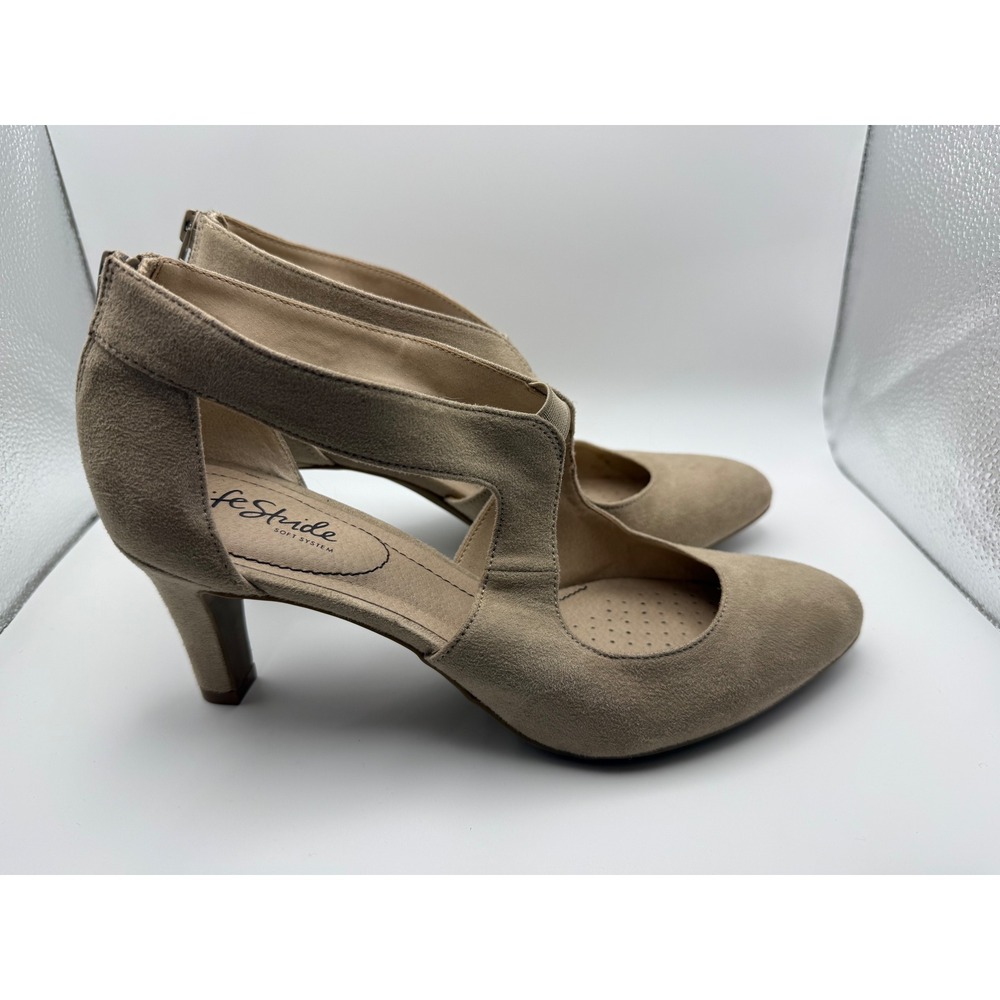 LifeStride Giovanna 2 Pump Beige Suede Cutout Block Heel Zipper Women 9W - Picture 1 of 8